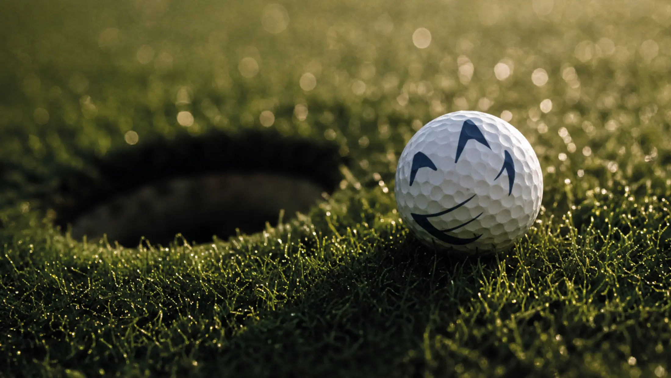 Lächelnder Best Golf Ball am Loch im Morgentau